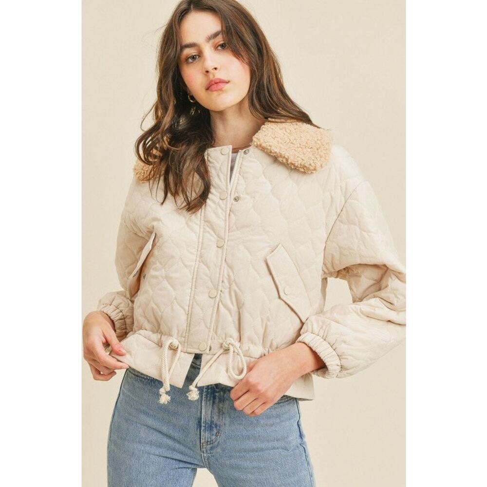 Bohme‎ Quilted Faux Fur Collar Snap Jacket With Tie Waist Cream Size Large